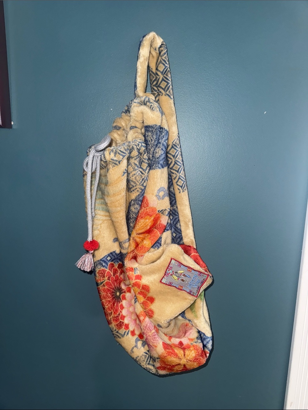 Johnny Was Plush Floral Drawstring Sling Bag in Yellow, Blue and Red